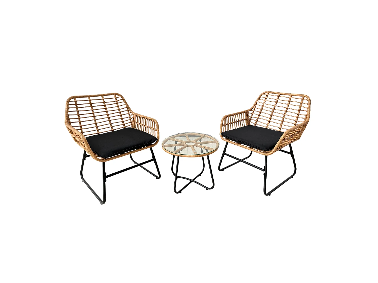 Salon de Jardin - 2 Chaises 1 Table - Couleur Marron, Coussins Noirs