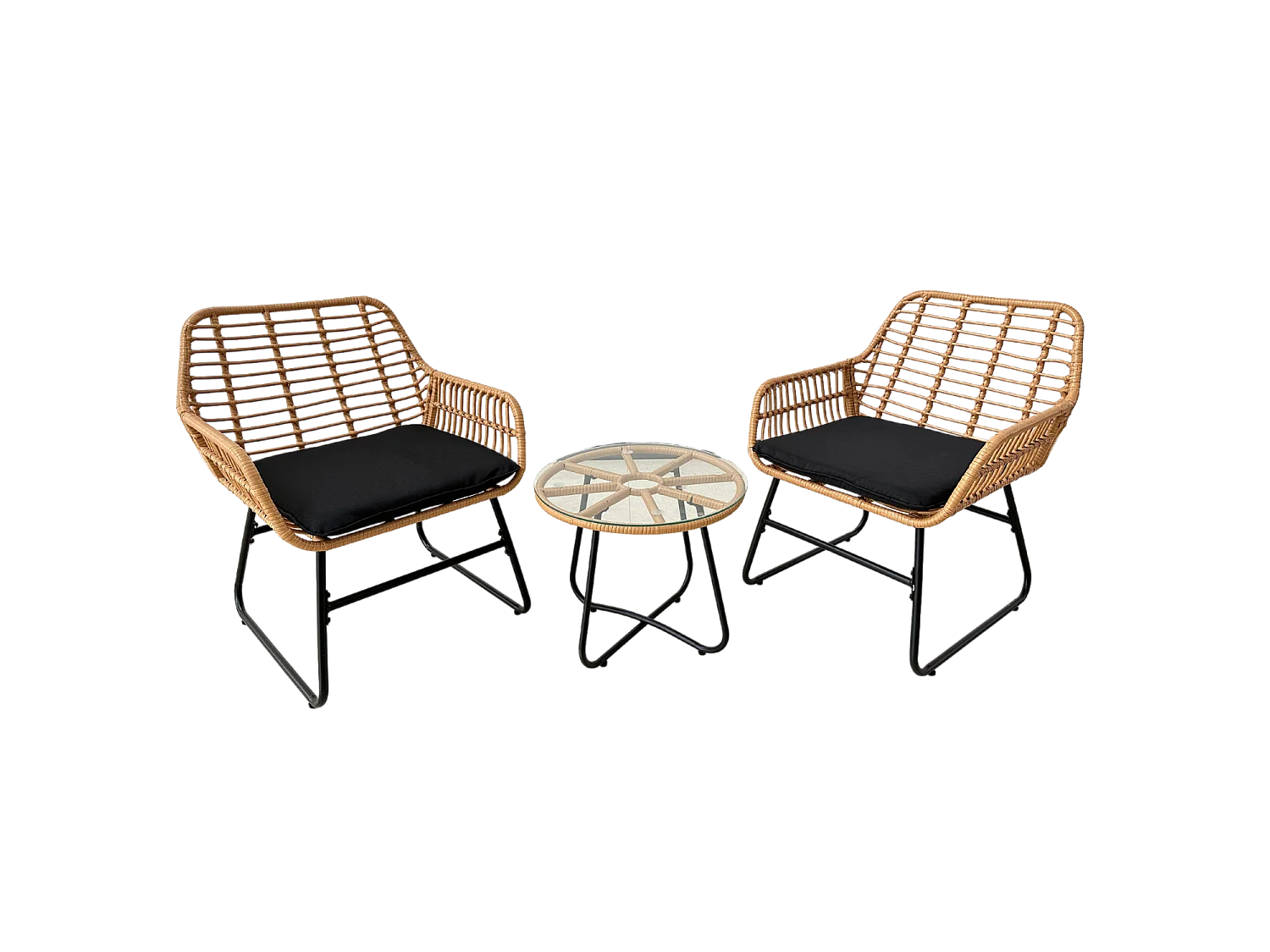 Salon de Jardin - 2 Chaises 1 Table - Couleur Marron, Coussins Noirs
