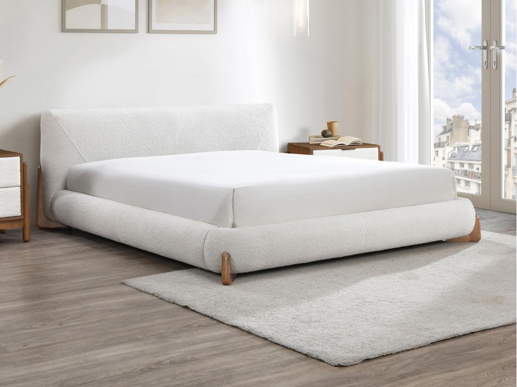 Lit 140 x 190 cm - Tissu bouclette - Blanc et naturel - GAMURA