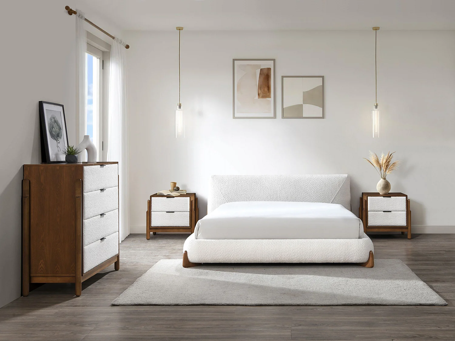 Bett - 160 x 200 cm - Bouclé-Stoff - Weiß & Holzfarben - GAMURA
