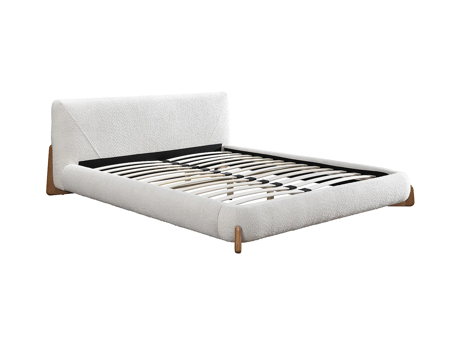 Bett - 160 x 200 cm - Bouclé-Stoff - Weiß & Holzfarben - GAMURA
