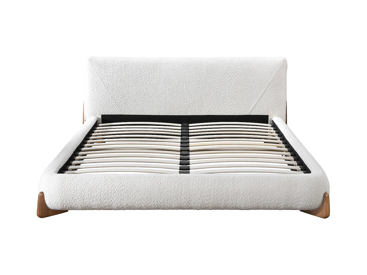Bett - 160 x 200 cm - Bouclé-Stoff - Weiß & Holzfarben - GAMURA