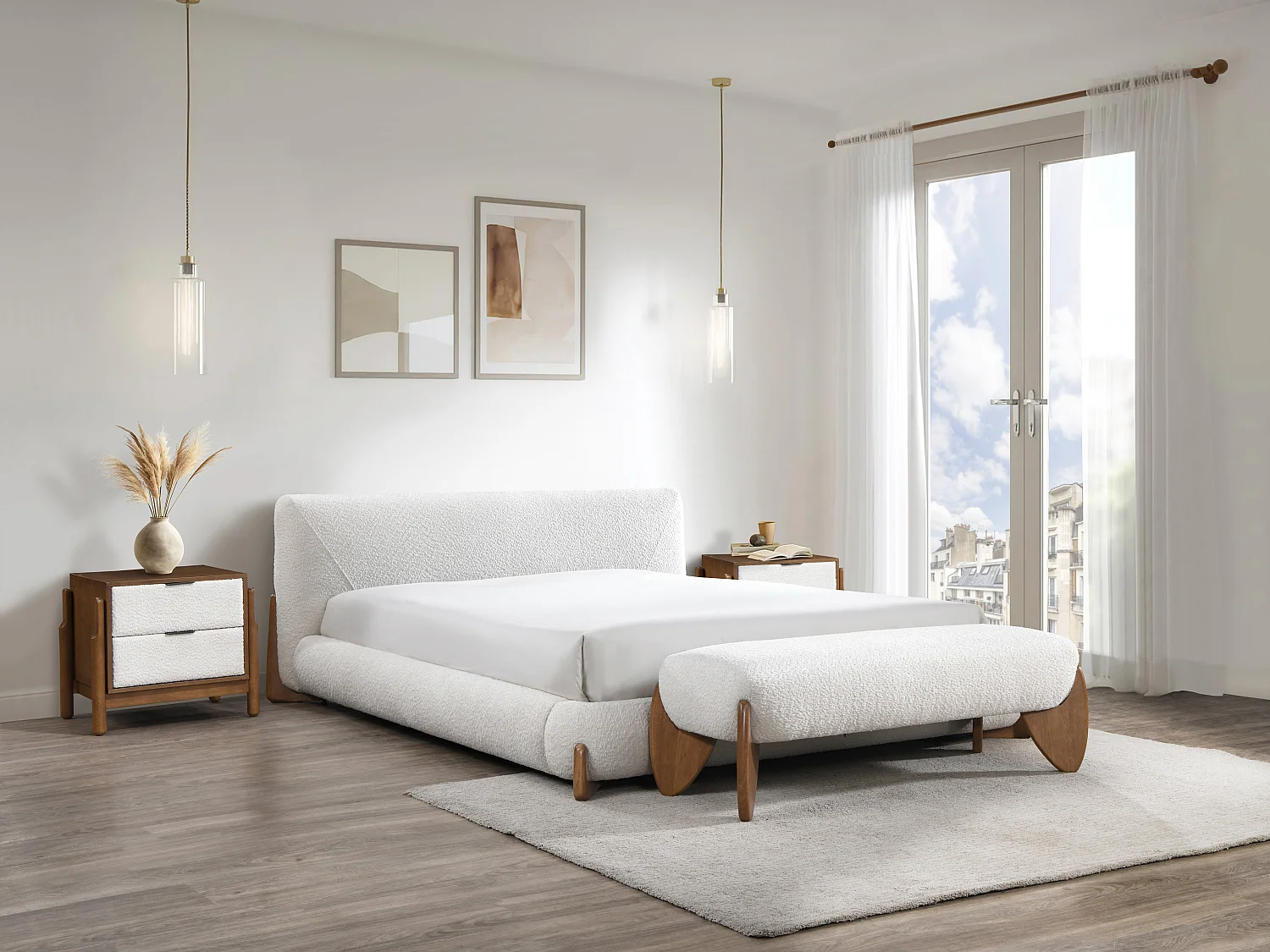 Bank - Bouclé-Stoff - Weiß & Holzfarben - GAMURA