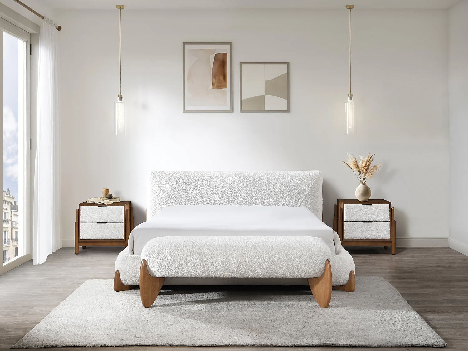 Bank - Bouclé-Stoff - Weiß & Holzfarben - GAMURA