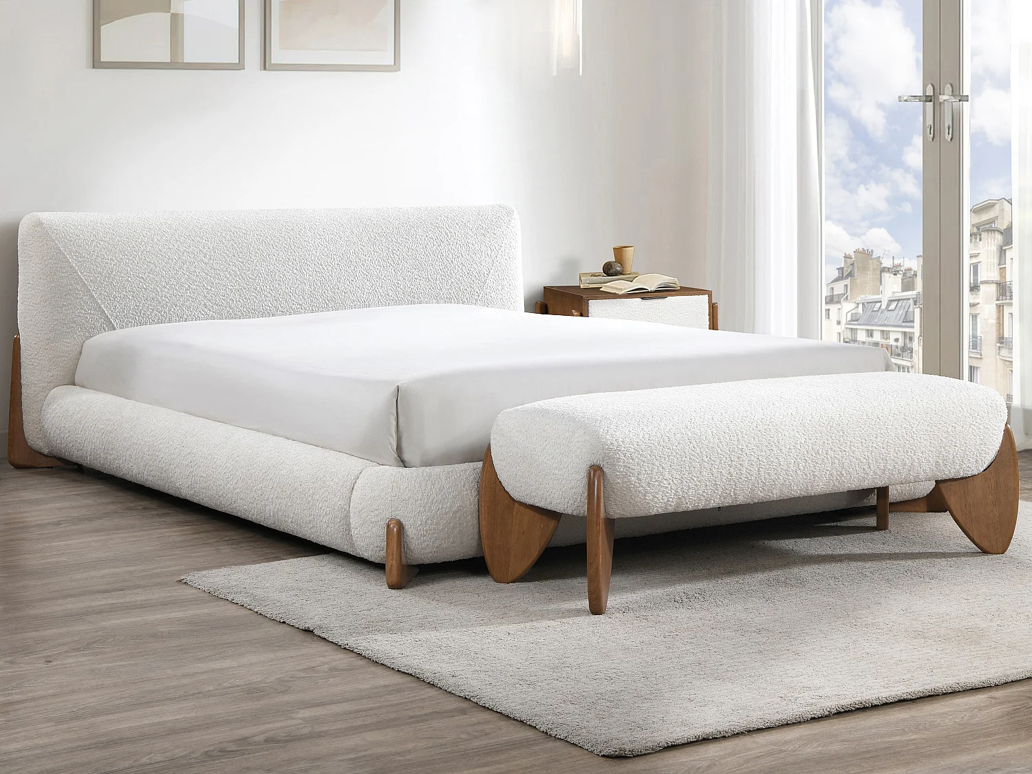 Bank - Bouclé-Stoff - Weiß & Holzfarben - GAMURA