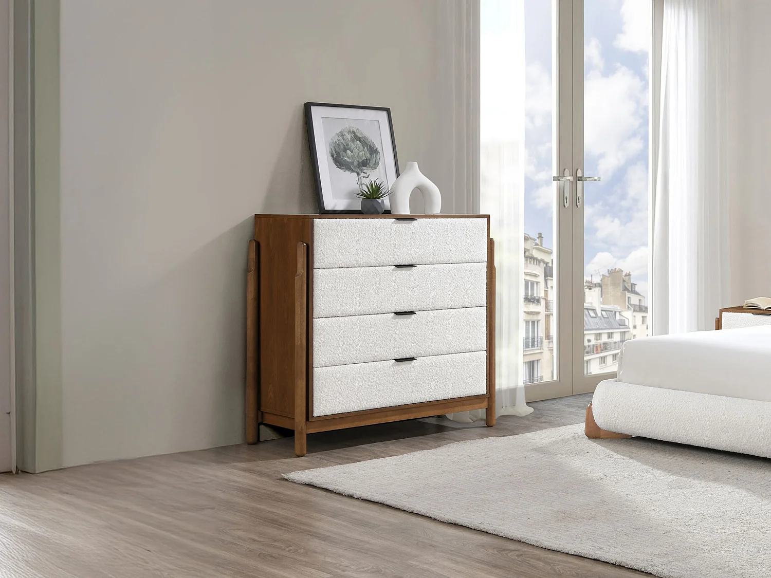 Cómoda 4 gavetas, tecido bouclé cor natural e branco - GAMURA