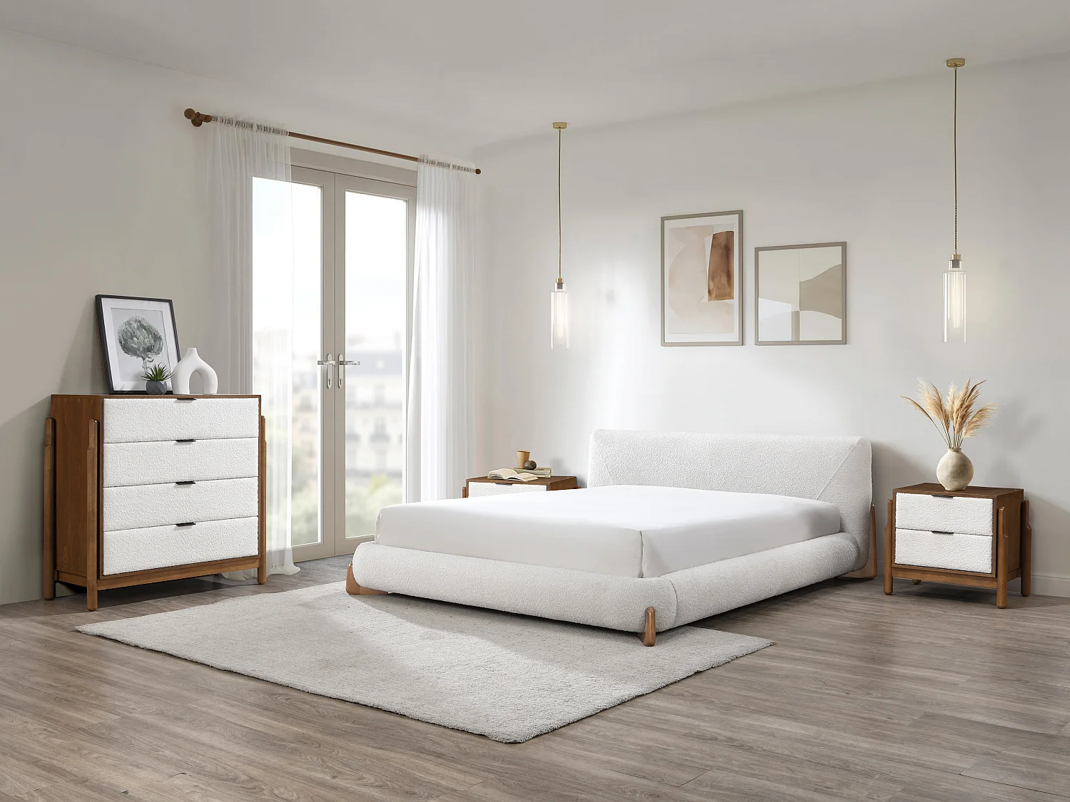 Cómoda 4 gavetas, tecido bouclé cor natural e branco - GAMURA