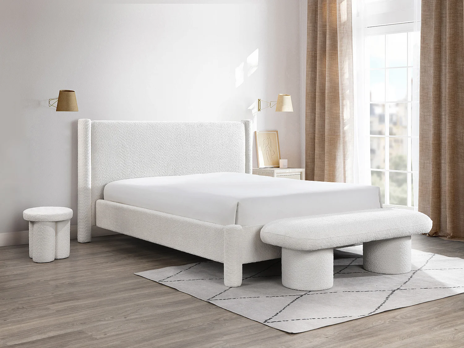 Cama 140 x 190 cm - Tela rizada - Blanco - CONOMO
