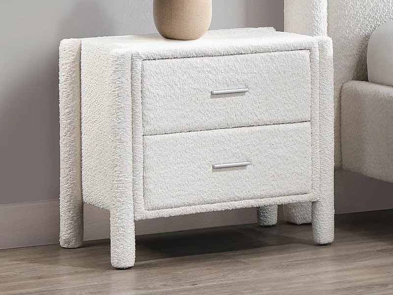 Table de chevet avec 2 tiroirs - Tissu bouclette - Blanc - CONOMO