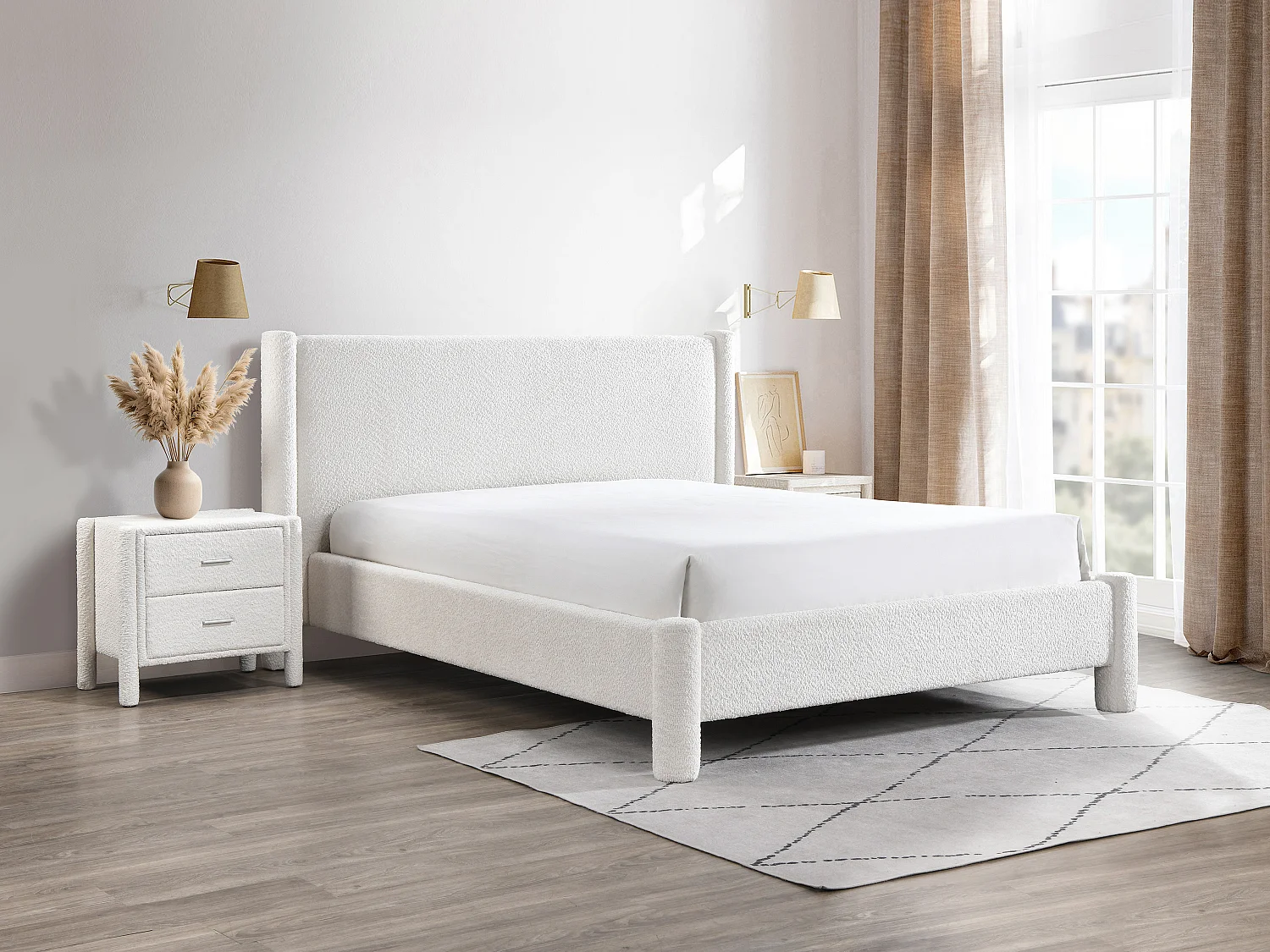 Comodino con 2 cassetti Tessuto bouclette Bianco  - CONOMO