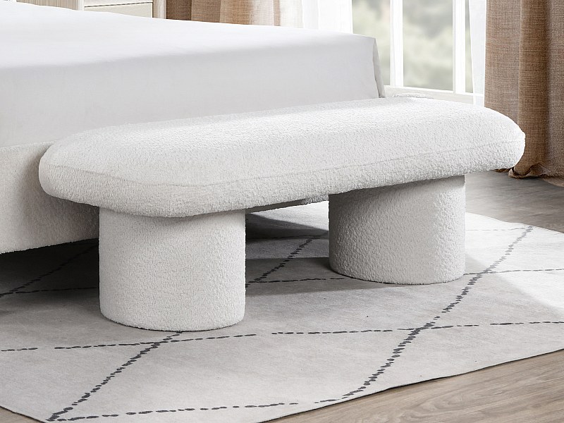 Banc Bout De Lit En Tissu Bouclette Blanc Crème - 100x44x41cm - Bois D'Eucalyptus - Support 110kg