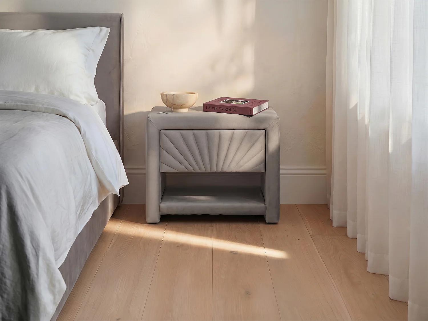 Bedside Table - 1 Drawer and 1 Open Shelf - Velvet - Beige - ULAMI