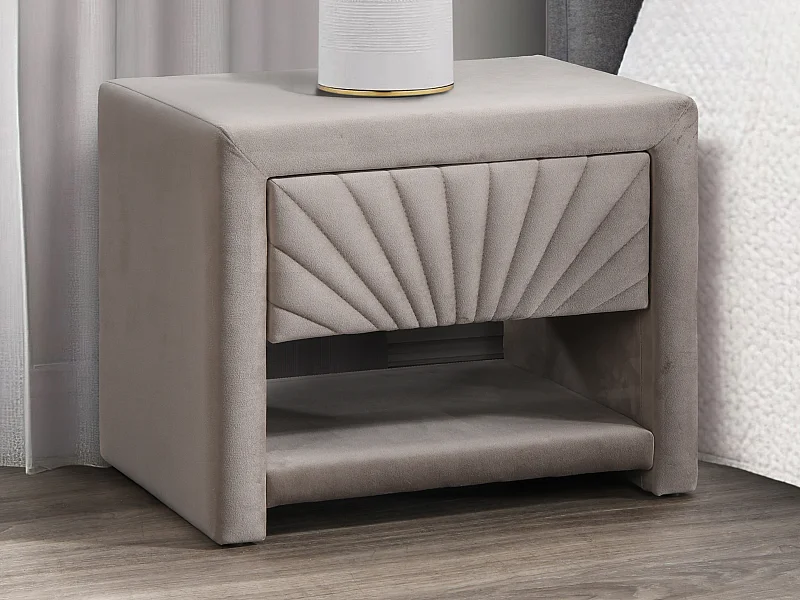 Table de chevet - 1 tiroir et 1 niche - Velours - Beige - ULAMI