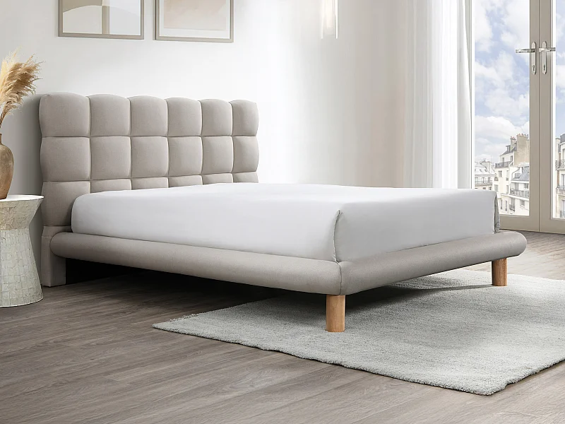 Seng med polstret hovedgærde 140 x 190 cm - Stof - Beige - FUDALI