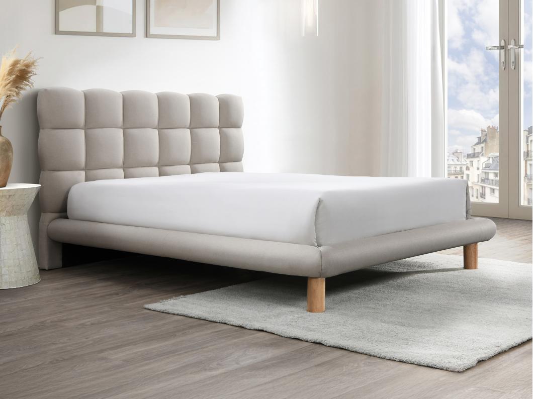 Lit avec tête de lit matelassée 160 x 200 cm - Tissu - Beige - FUDALI