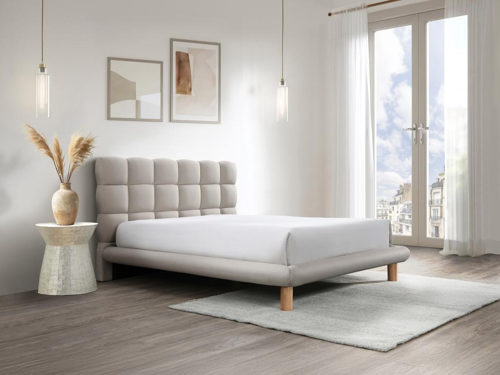 Lit avec tête de lit matelassée 180 x 200 cm - Tissu - Beige - FUDALI
