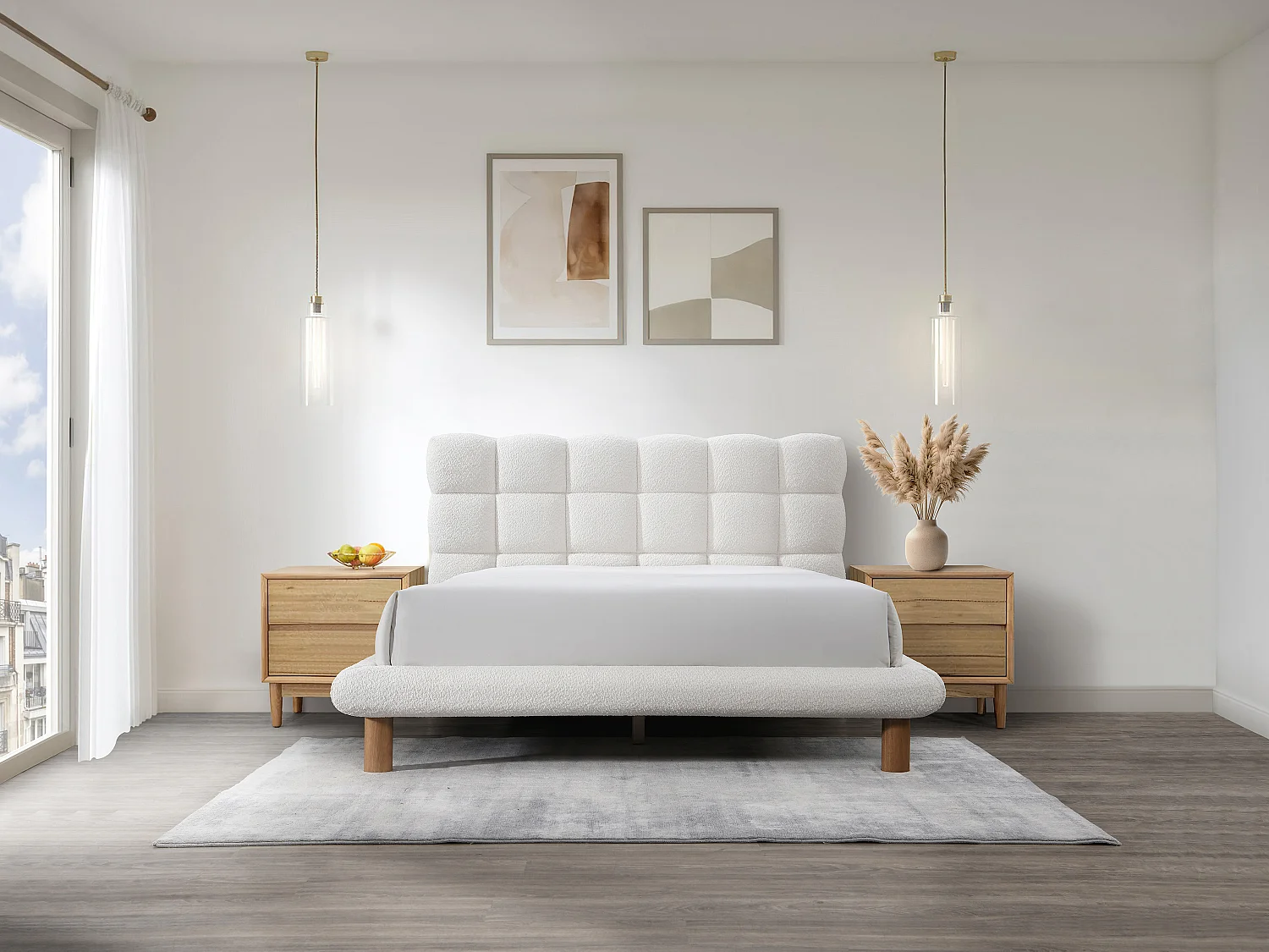 Cama com mesa de cabeceira acolchoada 160x200 cm tecido bouclé branco - FUDALI