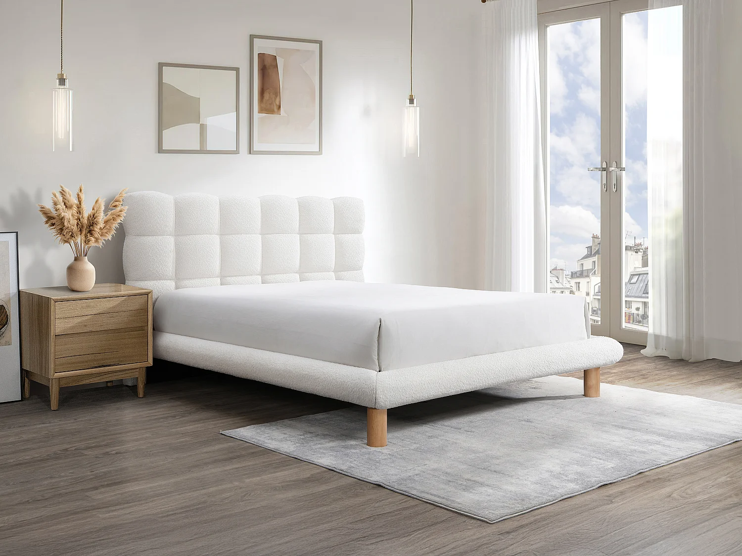 Cama com mesa de cabeceira acolchoada 160x200 cm tecido bouclé branco - FUDALI