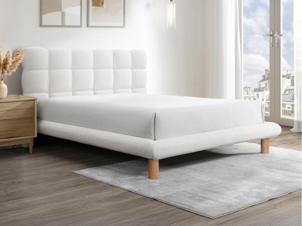 Cama con cabecero acolchado de 180 x 200 cm - Tela de rizo - Blanco - FUDALI