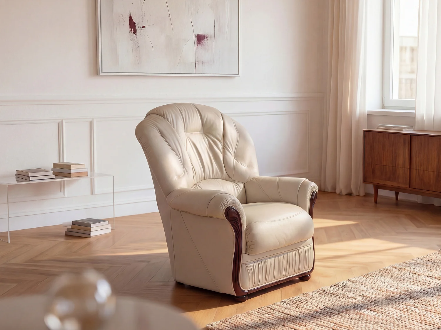 Fauteuil van 100% ivoorwit buffelleder DAPHNE