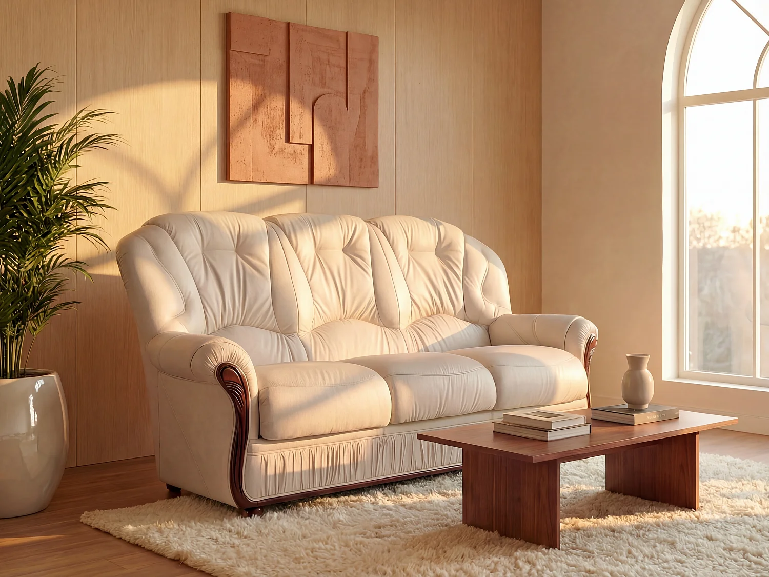 Canapé 3 places 100% cuir de buffle ivoire DAPHNE