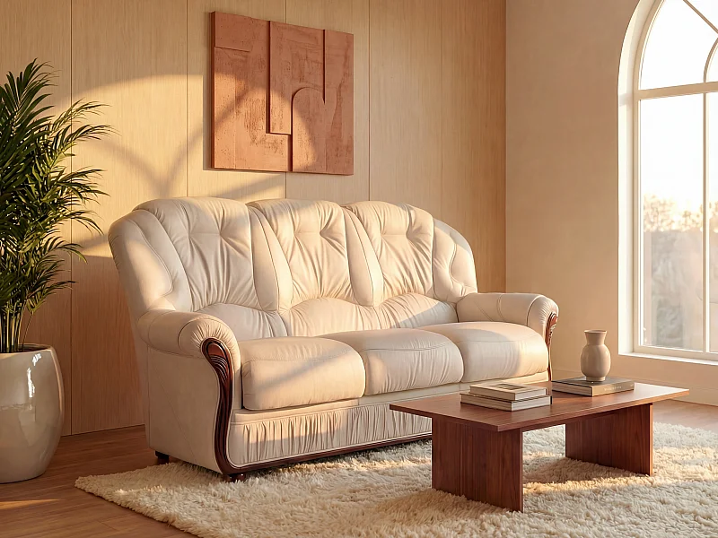 Sofá de 3 lugares 100% pele de búfalo marfim - DAPHNE