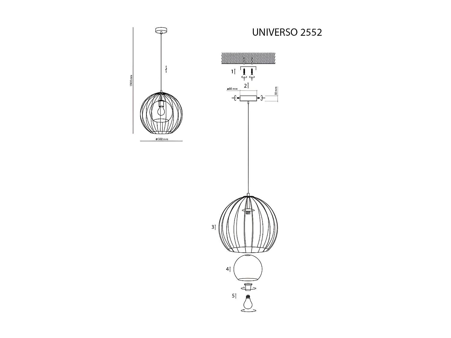 Suspension métal noir/verre - h190 x L50cm - modèle UNIVERSO de TK LIGHTING