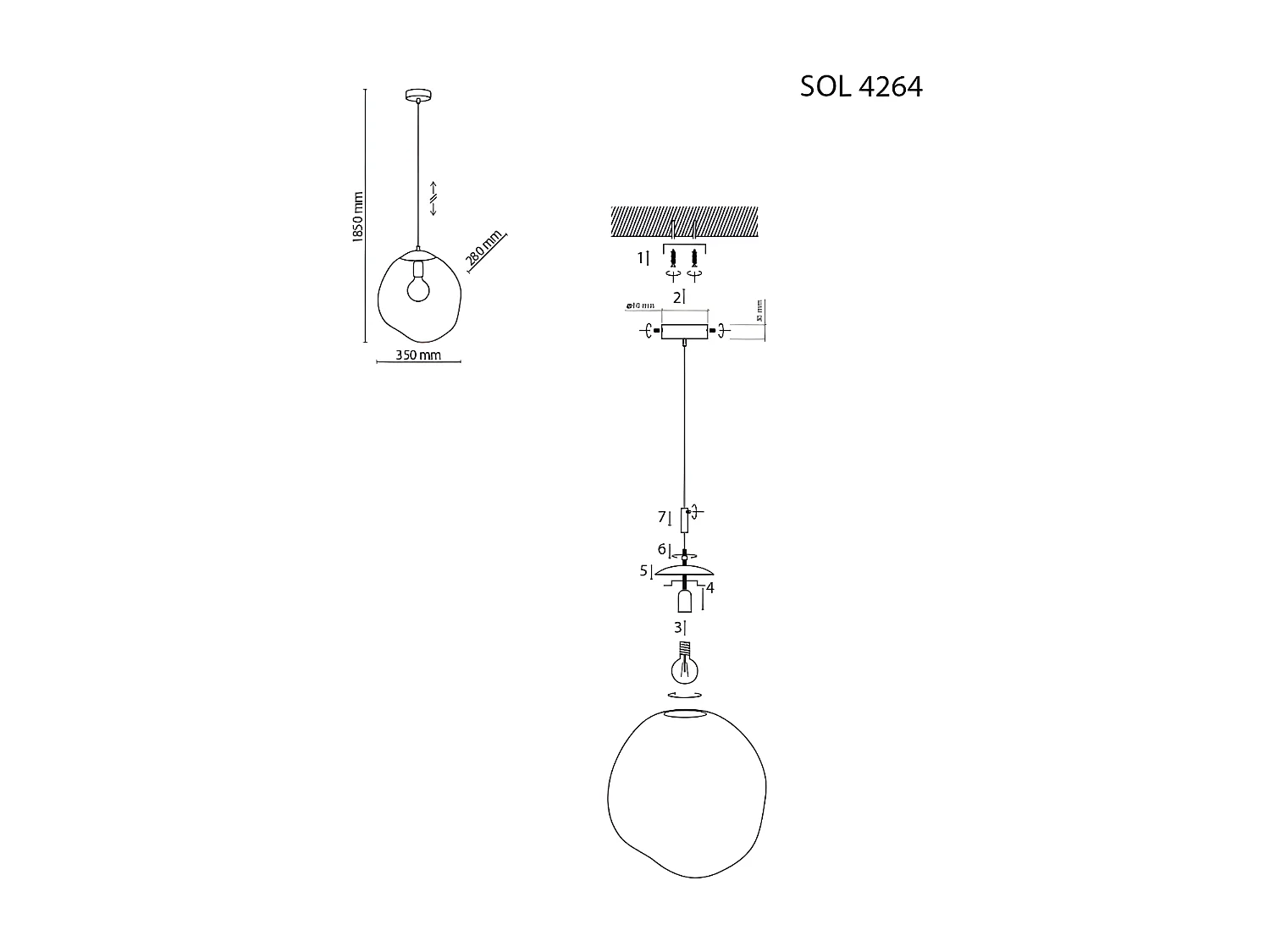 Suspension abat-jour en verre teinté et metal anthracite- h185 x L35cm  - modèle SOL TK LIGHTING
