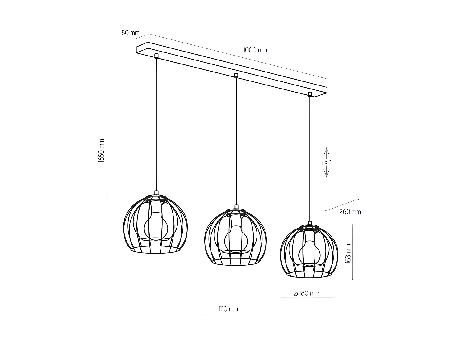 Suspension métal noir et verre -h165 x L110cm -3xE27 -modèle UNIVERSO de TK LIGHTING