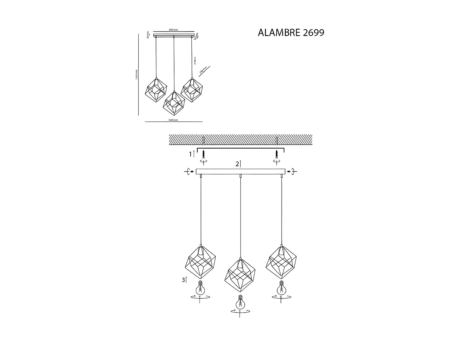 Suspension métal doré – h135cm  -3xE27 - modèle ALAMBRE de TK LIGHTING