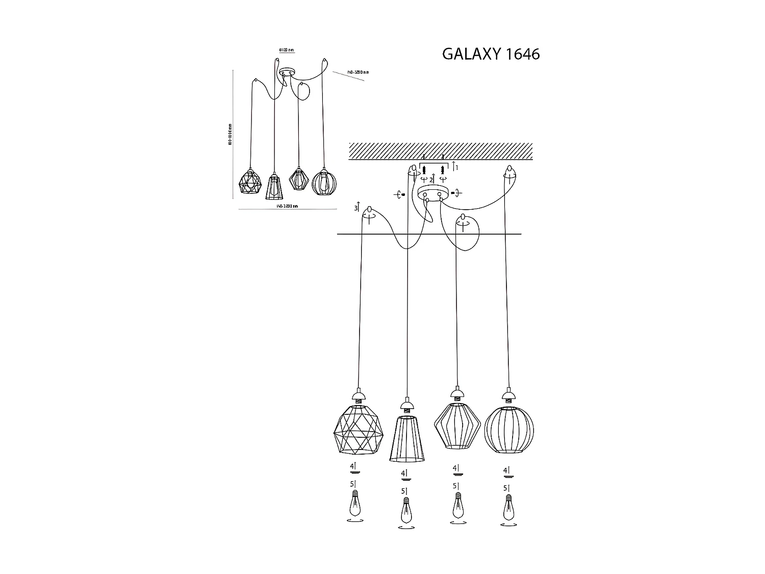 Suspension graphique en métal noir filaire - ajustable - 4XE27 - modèle GALAXY de TK LIGHTING