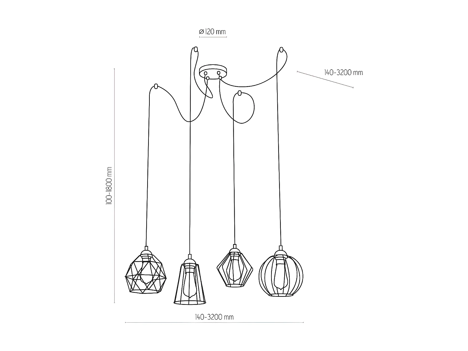 Suspension graphique en métal noir filaire - ajustable - 4XE27 - modèle GALAXY de TK LIGHTING