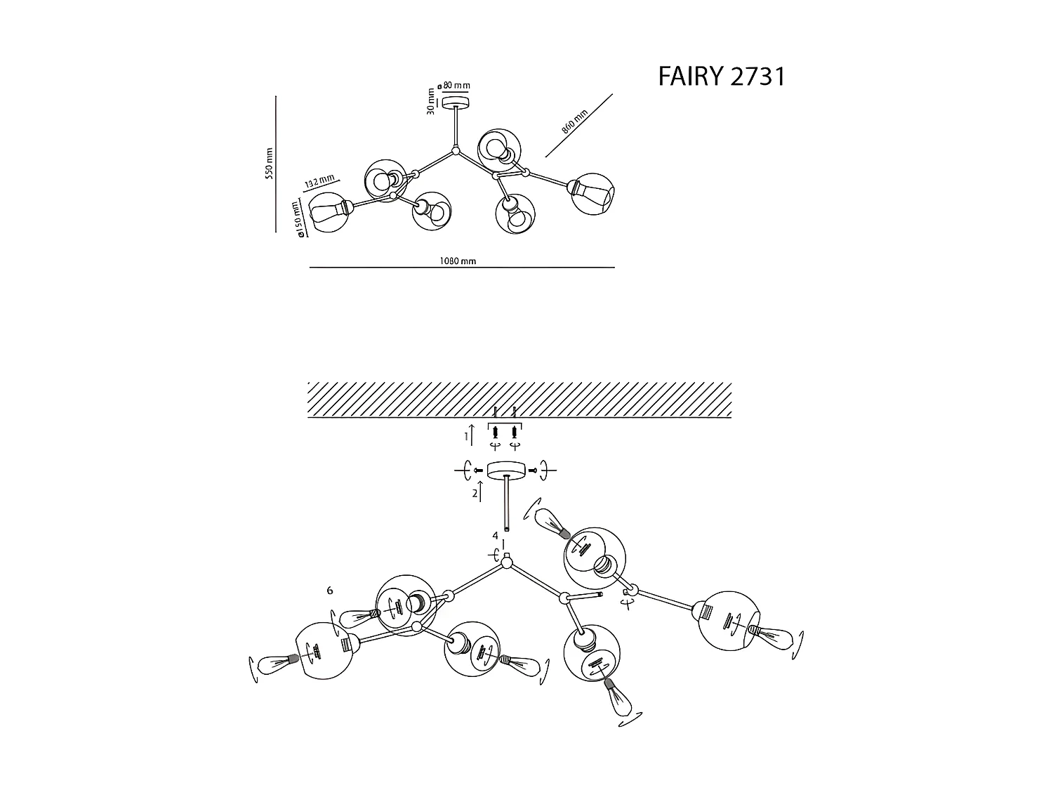 Suspension industrielle en verre/métal noir - h55 x L108cm - 6xE27 - modèle FAIRY de TK LIGHTING
