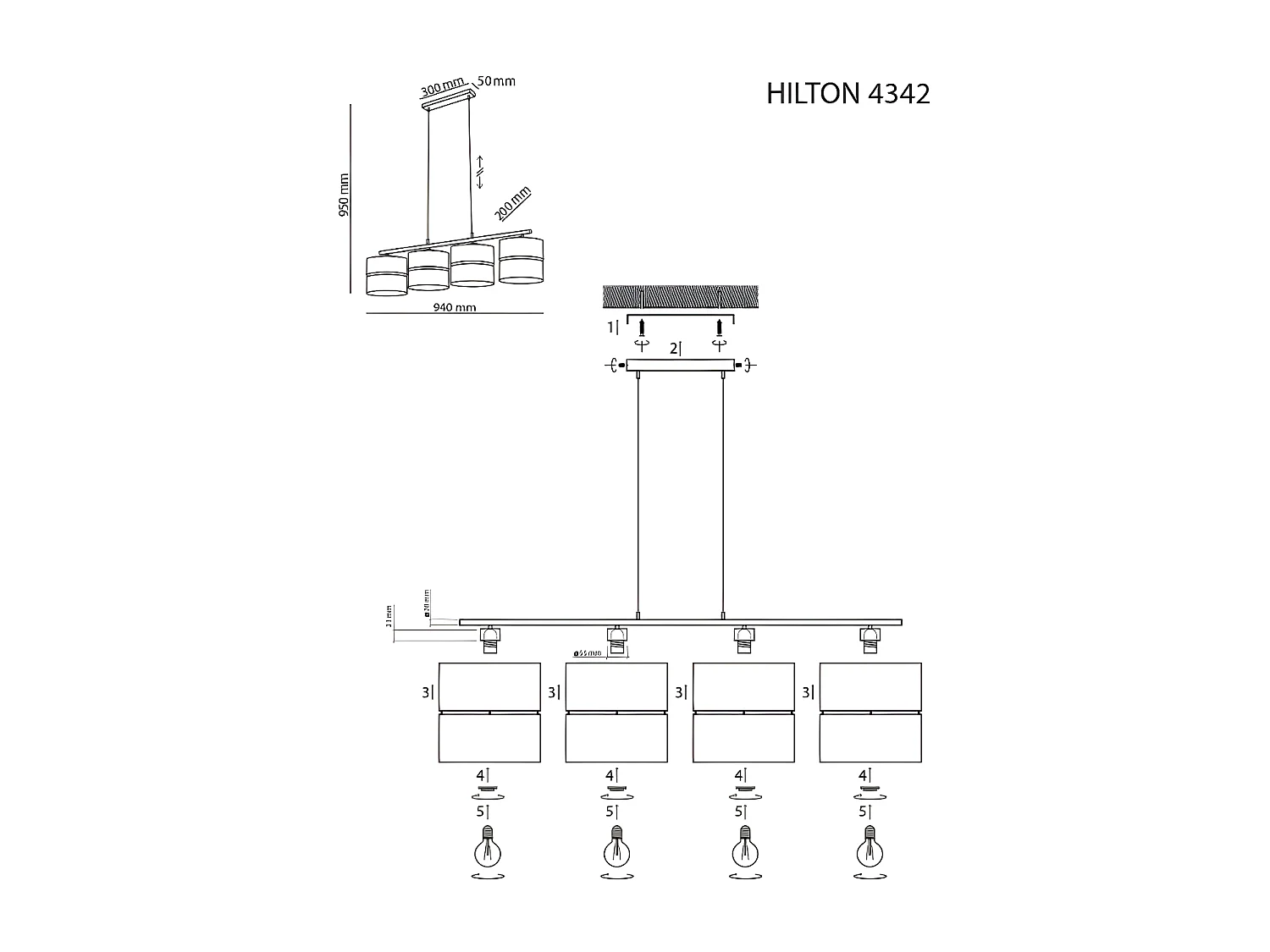 Suspension métal noir/doré - L94 x h95 cm - 4xE27 - modèle HILTON de TK LIGHTING