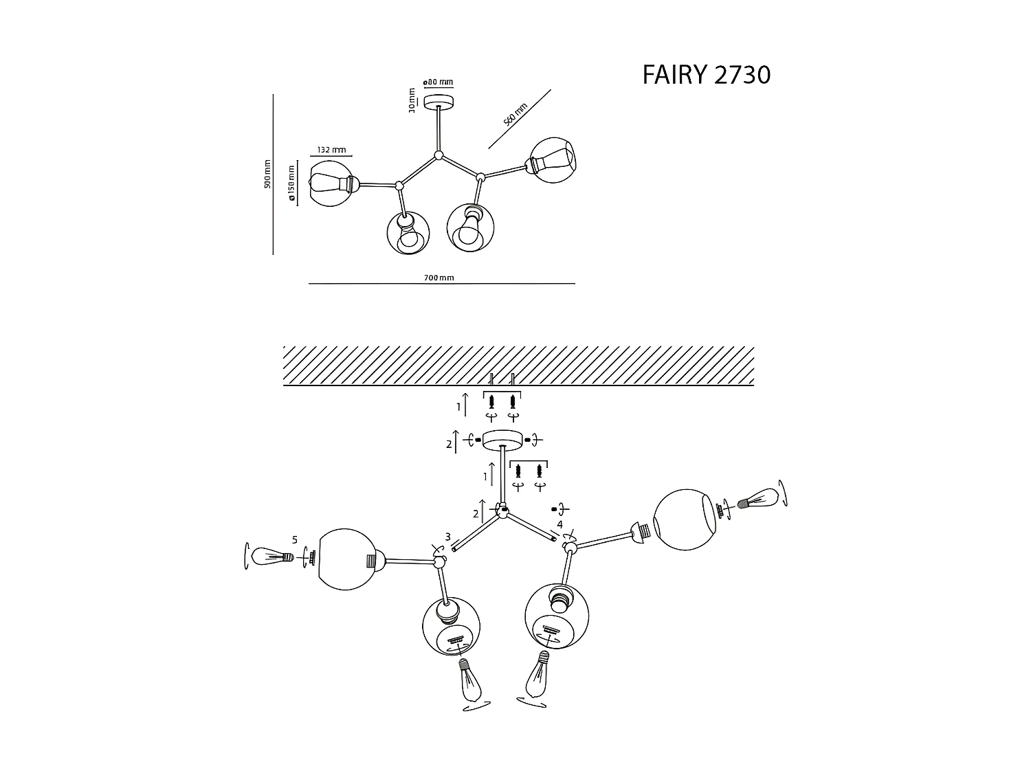 Suspension en verre et métal noir - h50 x L70cm - 4xE27 - modèle FAIRY de TK LIGHTING