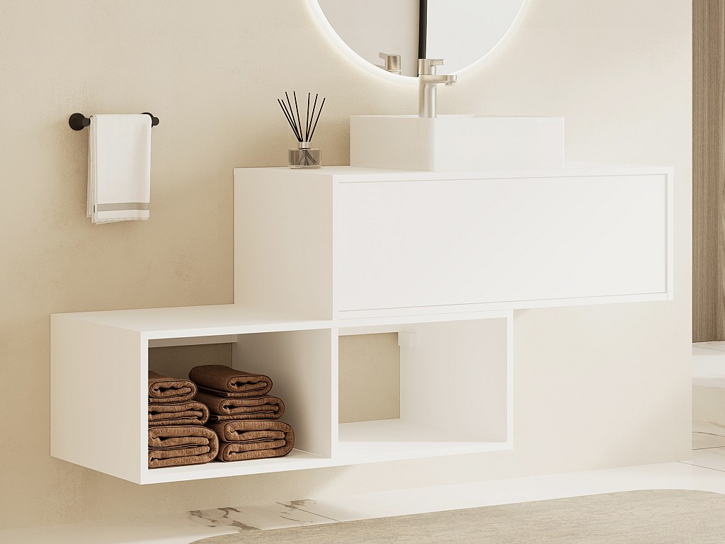 Waschbeckenunterschrank hängend mit quadratischem Waschbecken - 1 Schublade & 2 Ablagefächer - Weiß - 94 cm - TEANA II