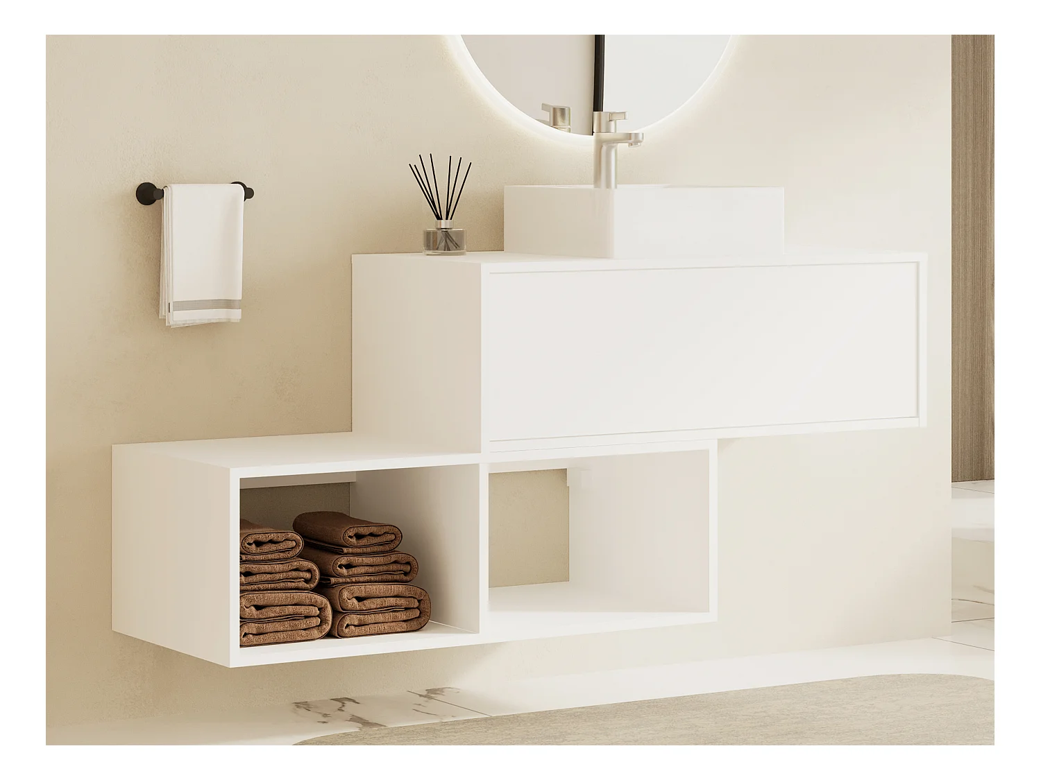 Meuble de salle de bain suspendu blanc avec vasque carrée - 1 tiroir et 2 niches - 94 cm - TEANA II