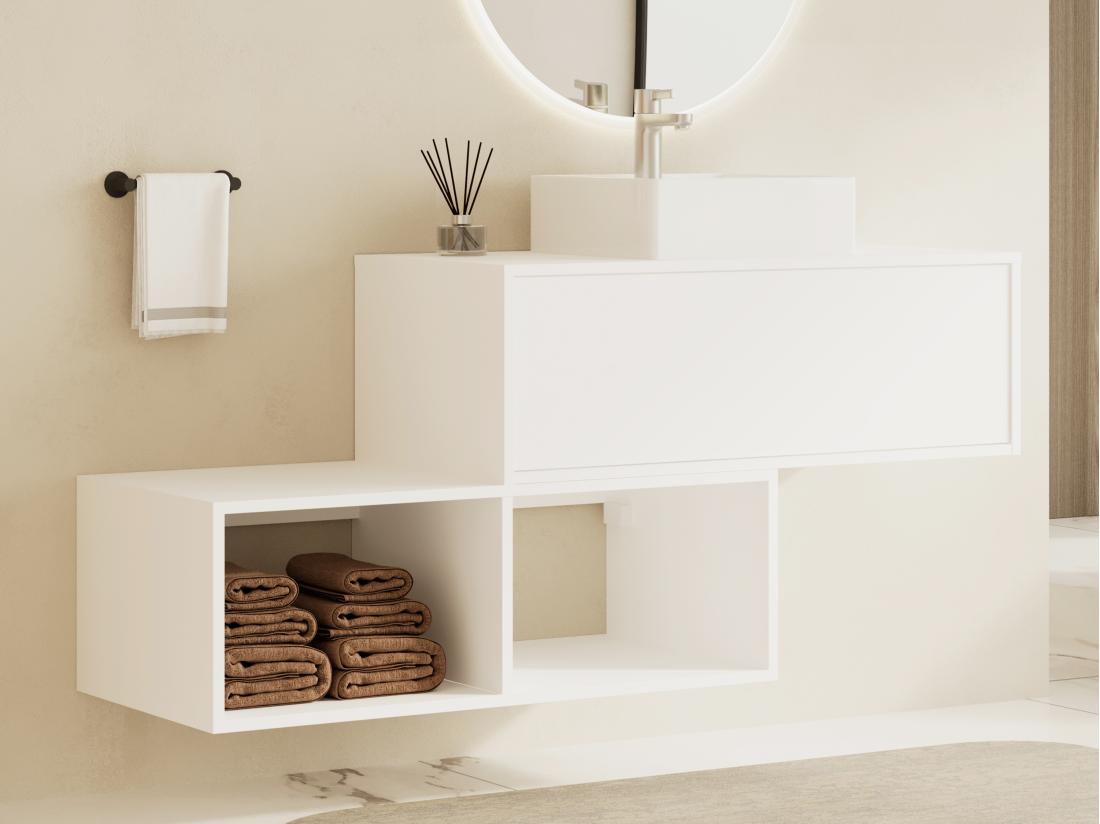 vente unique Meuble de salle de bain suspendu blanc avec vasque carrée - 1 tiroir et 2 niches - 94 cm - TEANA II