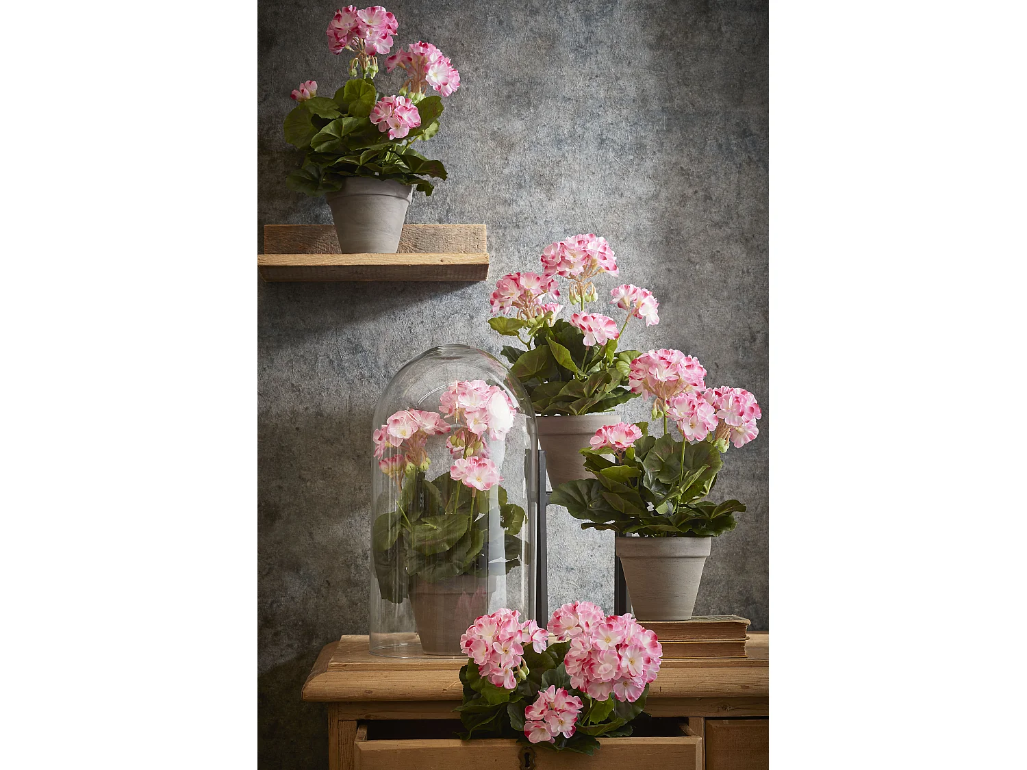 Plante artificielle en polyester et terre cuite - 34 x Ø20 - Blanc, rose - GERANIUM