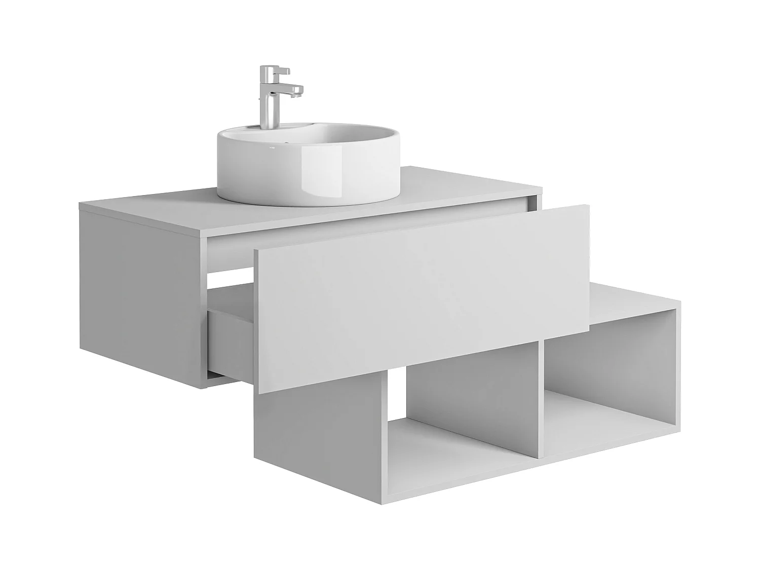 Mueble de baño flotante blanco con lavabo redondo - 1 cajón y 2 estantes - 94 cm - TEANA II