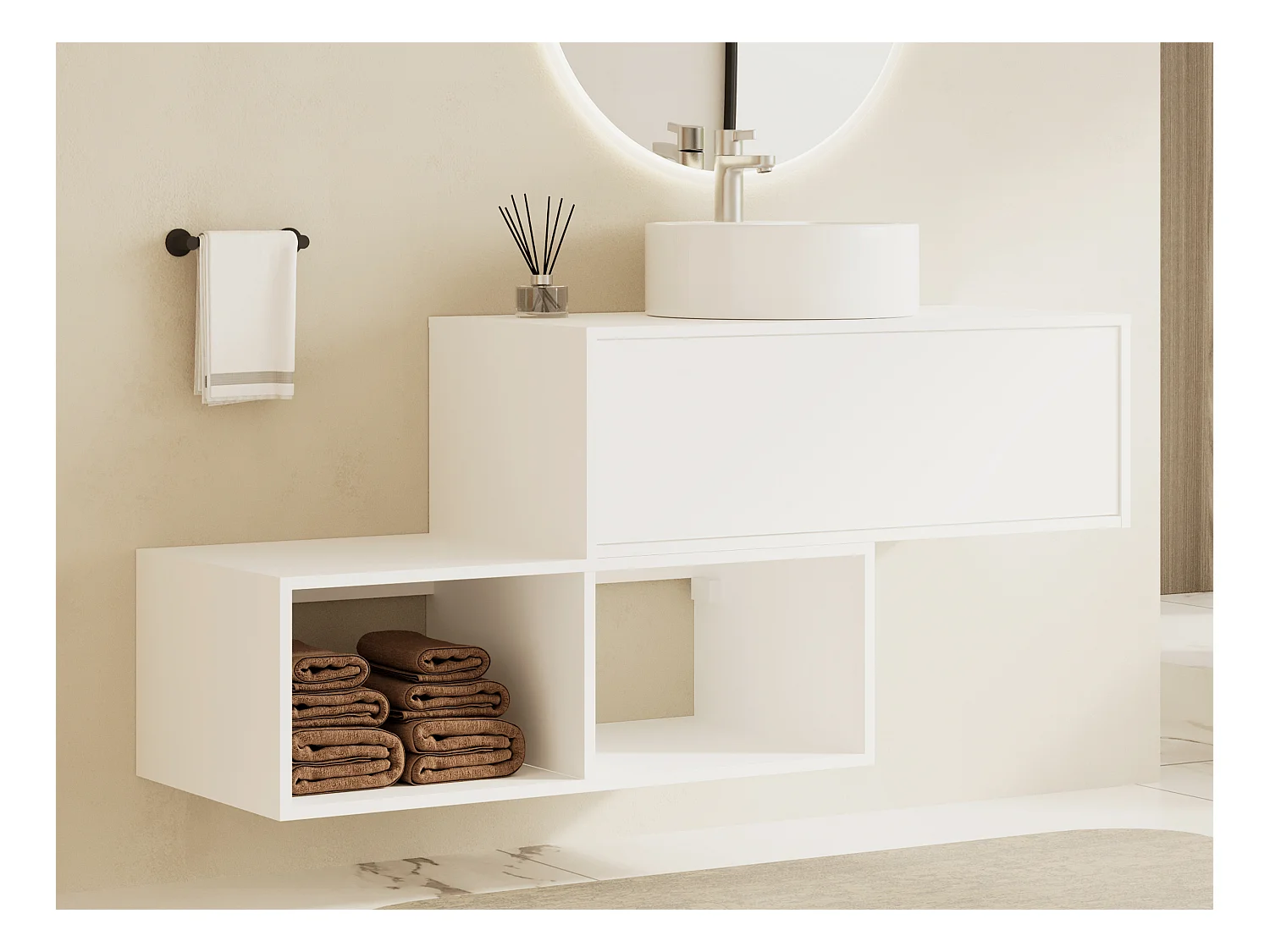 Meuble de salle de bain suspendu blanc avec vasque ronde - 1 tiroir et 2 niches - 94 cm - TEANA II