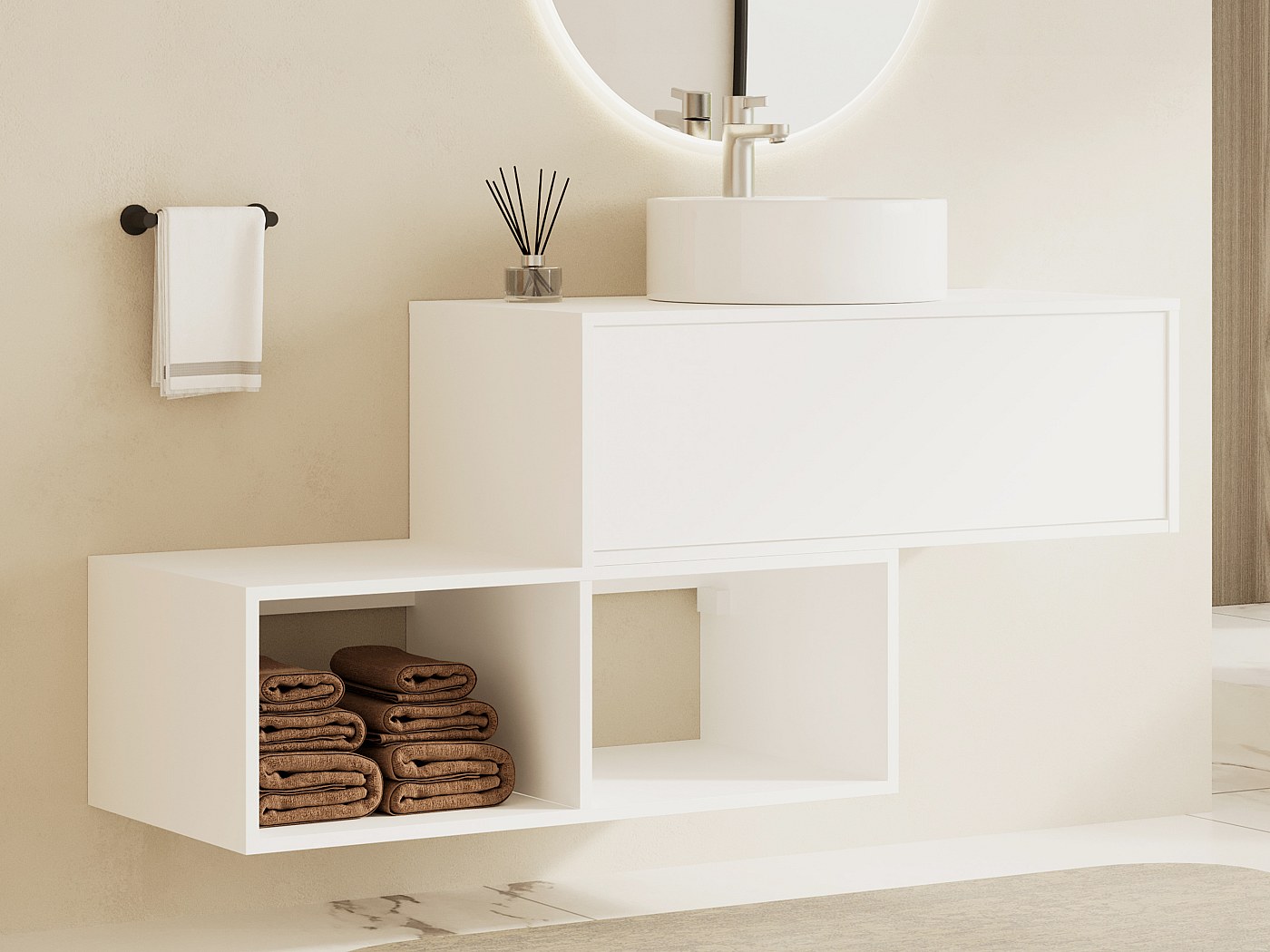 Meuble de salle de bain suspendu blanc avec vasque ronde - 1 tiroir et