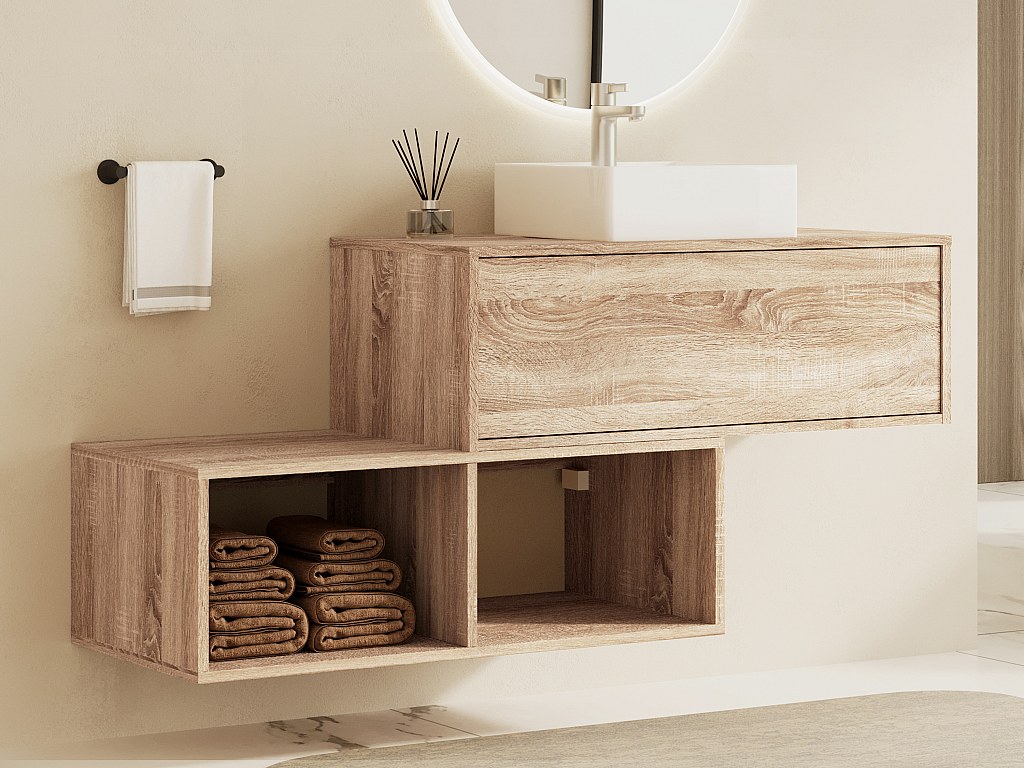 Waschbeckenunterschrank hängend mit quadratischem Waschbecken - 1 Schublade & 2 Ablagefächer - Holzfarben hell - 94 cm - TEANA II