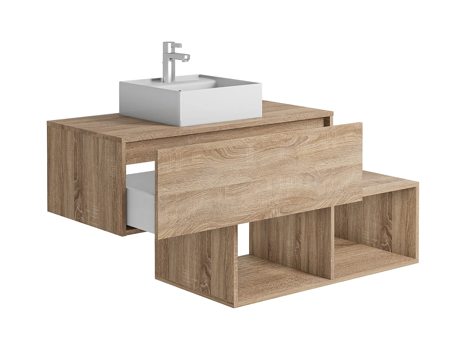 Mobile bagno sospeso Naturale chiaro con lavabo quadrato 1 cassetto e 2 nicchie 94 cm - TEANA II