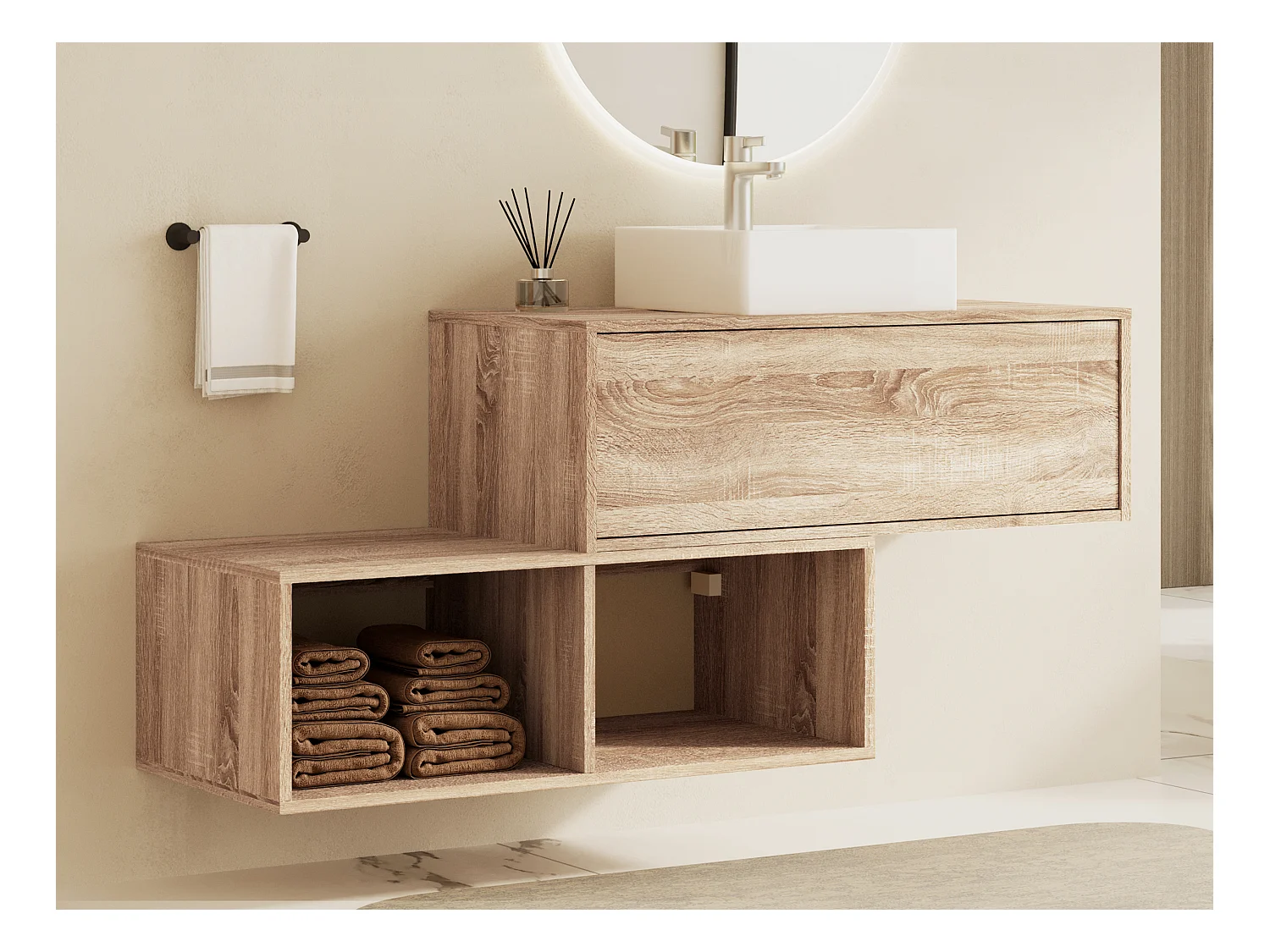 Meuble de salle de bain suspendu naturel clair avec vasque carrée - 1 tiroir et 2 niches - 94 cm - TEANA II
