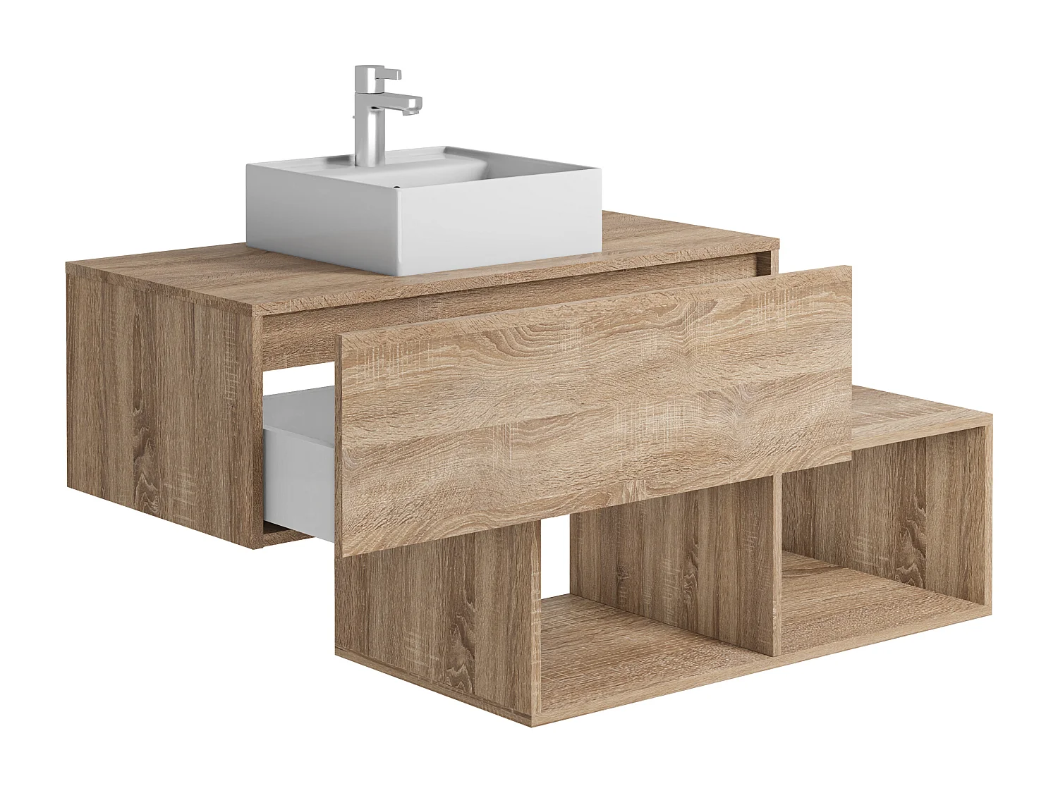 Meuble de salle de bain suspendu naturel clair avec vasque carrée - 1 tiroir et 2 niches - 94 cm - TEANA II