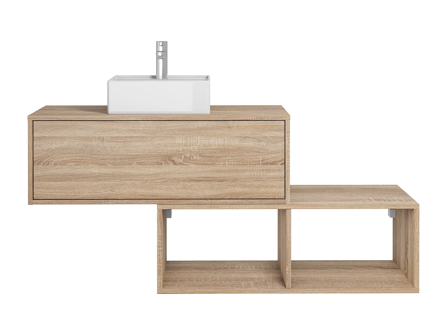 Waschbeckenunterschrank hängend mit quadratischem Waschbecken - 1 Schublade & 2 Ablagefächer - Holzfarben hell - 94 cm - TEANA II