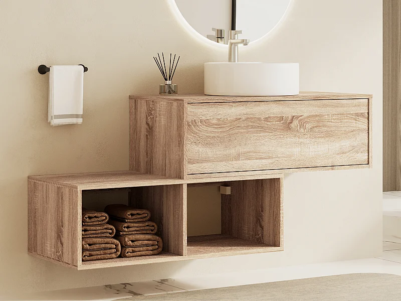 Waschbeckenunterschrank hängend mit rundem Waschbecken - 1 Schublade & 2 Ablagefächer - Holzfarben hell - 94 cm - TEANA II