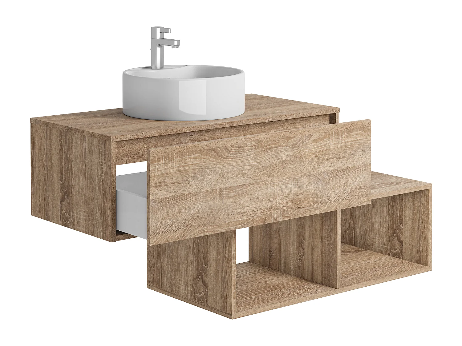 Meuble de salle de bain suspendu naturel clair avec vasque ronde - 1 tiroir et 2 niches - 94 cm - TEANA II