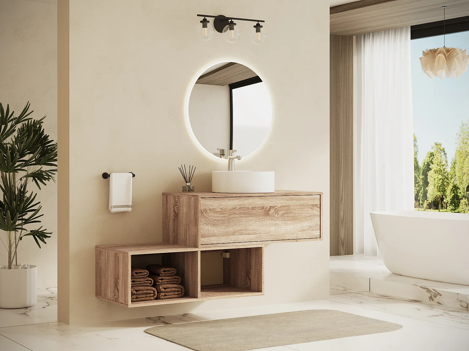 Mueble de baño flotante de natural claro con lavabo redondo - 1 cajón y 2 estantes - 94 cm - TEANA II